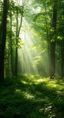 Obraz premium Forest with Sunlight Filtering Through Trees – Nature Conservation Theme