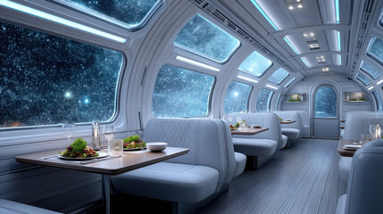 Experience gourmet dining in zero gravity aboard a futuristic space cruise with stunning starry views