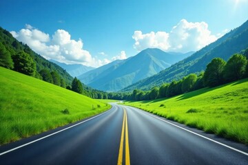 Naklejka premium Asphalt ribbon unwinding through verdant hills, under a vibrant sky, towards a majestic mountain range