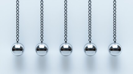 Five metallic spheres hanging on chains