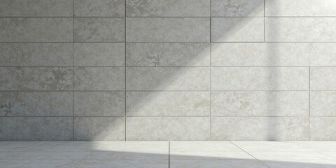 Sunlight Illuminates a Modern Minimalist Interior with Light Grey Tiles on the Wall and Floor, Creating a Serene and Spacious Ambiance