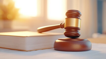 Fototapeta premium A wooden gavel rests on a table beside a closed law book, illuminated by warm sunlight, symbolizing justice and legal proceedings.