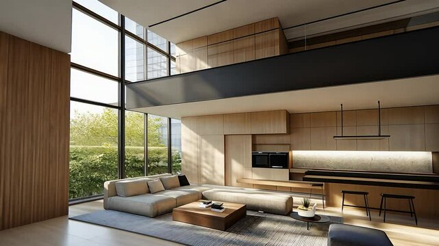 Modern, two-story apartment. Open floorplan w/ floor-to-ceiling windows. Light wood kitchen and furniture