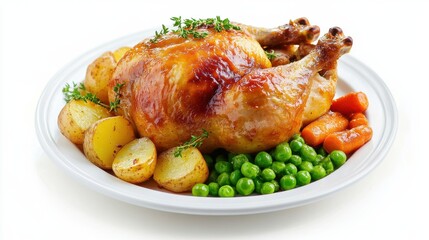 A beautifully plated roast chicken surrounded by colorful vegetables, including carrots and peas, presenting a wholesome and hearty meal.