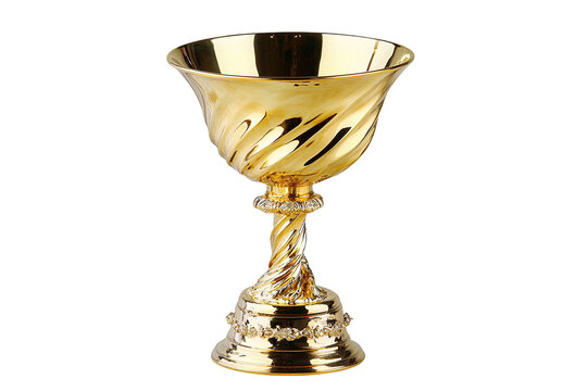 Shiny golden chalice with ornate details. Swirling design on the cup and base