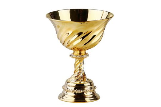 Shiny golden chalice with ornate details. Swirling design on the cup and base