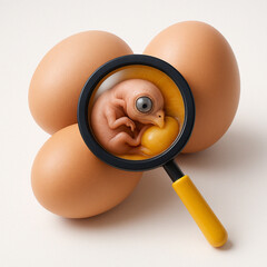 Magnifying Glass on Egg with Chick on Isolated White Background