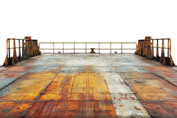 A large, sturdy cargo ship deck with metal railings, isolated on a white background. transparent PNG