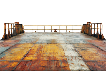 A large, sturdy cargo ship deck with metal railings, isolated on a white background. transparent PNG