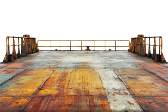 A large, sturdy cargo ship deck with metal railings, isolated on a white background. transparent PNG