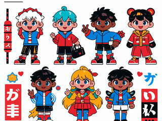 vector set colorful illustration of anime cartoon character