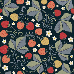 Seamless pattern with strawberry plants: colorful berries, decorative leaves and flowers on dark background.