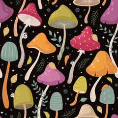 Colorful seamless pattern with various mushrooms, snails, leaves, moss. Autumn vector illustration
