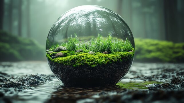 futuristic ecosphere inside glass ball, balanced nature system, sustainability symbol, moss and water harmony, ultrarealistic generative AI art