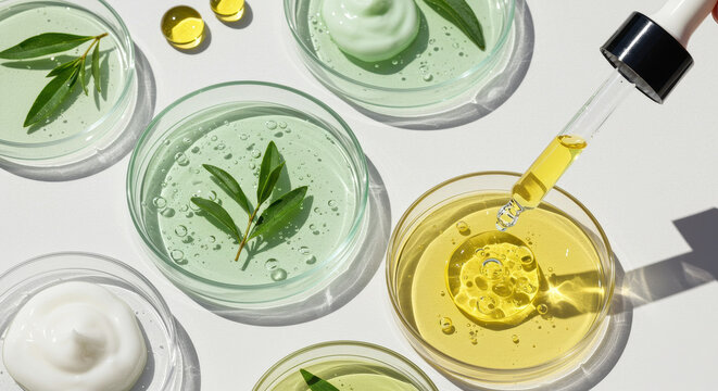 Natural Skincare Lab: Serums, Creams, & Oils. Botanical Extracts for Beauty. Pipette, Petri Dishes, Leaves, Science-Backed Wellness
