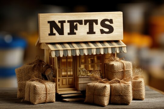 A miniature shop model displaying "NFTs" signage, surrounded by burlap-wrapped packages, symbolizing digital assets and commerce.