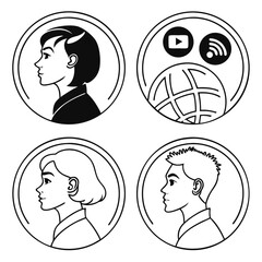 Set of people icons in black and white man and woman. Vector illustration of group of stylized people in black and white.