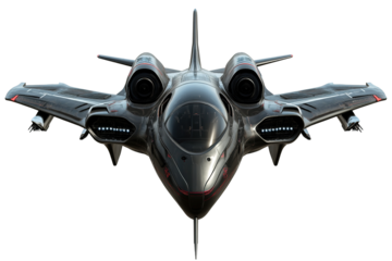 Futuristic, dark-colored fighter jet featuring sleek design, twin engines, and wing-mounted missiles, set against a stark transparent background