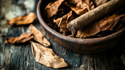 Close-up of a cigar resting on dried tobacco leaves in a wooden bowl.