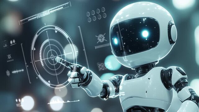 Futuristic Robot Interacting with Virtual Interface in Sci-Fi Environment
