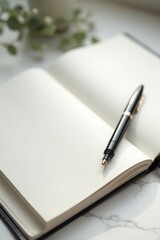 Elegant fountain pen rests on blank notebook pages, ready for insightful writing and creative expression, illuminated by soft natural light on a smooth surface