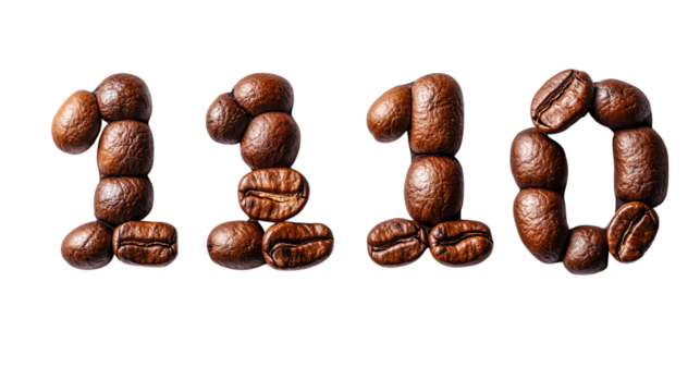 A set of numbers formed entirely from roasted coffee beans, viewed from above. transparent PNG