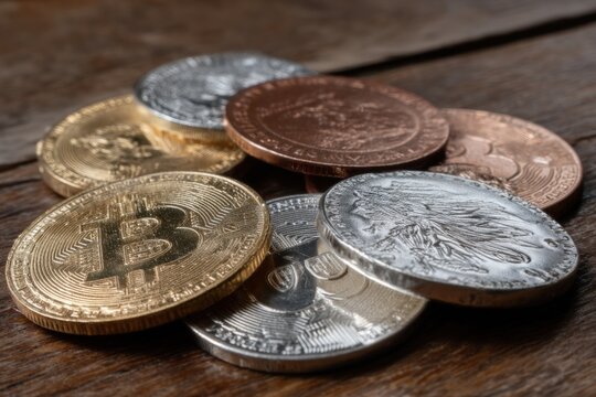 A collection of coins, including Bitcoin, arranged on a wooden surface, highlighting the blend of traditional and digital currency.