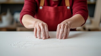 Hands of a Blind Individual Exploring Texture on a White Surface in a Craft Studio Setting