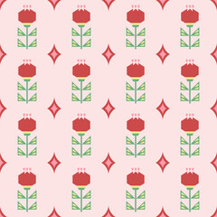 Colorful rose, flower seamless pattern.Abstract geometric background surface texture background.Nature botanical Nordic folk illustration.Vintage design for tulip,summer, spring,celebration,decor.