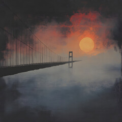 Fototapeta premium Misty morning bridge crossing urban landscape artistic vision early dawn serene atmosphere