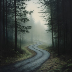 Obraz premium Winding foggy road enchanted forest digital art mystical atmosphere serene perspective artistic vision