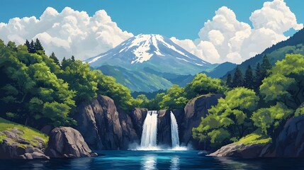 Majestic mountain waterfall in a lush forest landscape