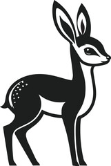 Stylized black and white vector illustration of a standing gazelle or deer with large ears and minimalistic design

