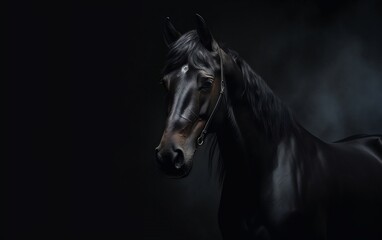 Majestic black horse stands proud in dramatic lighting against a dark backdrop, showcasing its strength and beauty during a quiet moment of reflection