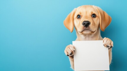 golden puppy holding a blank white sign against a bright blue background