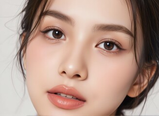 Fototapeta premium Close-up of a happy woman with glossy lips and soft pink blush showcasing perfect makeup in clean white background