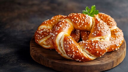 Pretzels are displayed on a round wooden board against a dark background, sprinkled with salt and garnished with parsley.