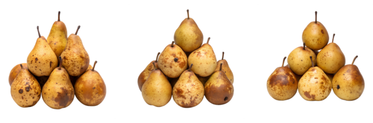 Three stacks of russet pears arranged in pyramids against a white background transparent background Generative AI