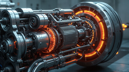 Fototapeta premium Generative AI Futuristic Engine with Glowing Rings engine turbine gears machine metal orange glow futuristic technology mechanical pipes power innovation future energy