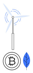 Wind turbine, Bitcoin coin, and leaf symbolize sustainable energy, eco-friendly investments, green technology, financial growth, future solutions, clean energy and innovation. Flat simple metaphor