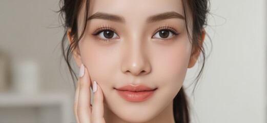 Professional beauty shot of a young Asian model with jet-black hair and glowing skin for cosmetic brand promotion

