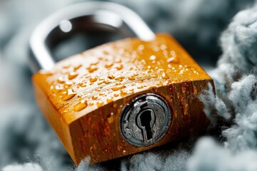 A close-up of a rusty padlock with water droplets, resting on a fuzzy surface, symbolizing security and durability.