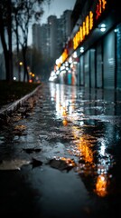 Rainy Urban Walkway Illuminated by Streetlights and Neon Signs