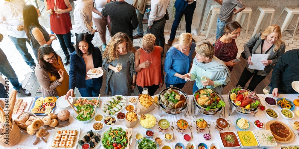 Poster diverse group enjoying a buffet with various dishes. people of different ethnicities gather around a