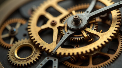 Generative AI Intricate Clockwork Gears Mechanism Macro Detail gears clockwork mechanism macro timekeeping mechanical watch cogwheel intricate golden precision complexity innovation