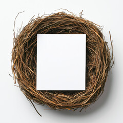 Blank white paper sheet in a natural bird nest on light background, eco branding or organic concept, mockup template.