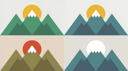 A scenic illustration of mountains with the sun rising, in four different color variations. Each scene shows peaks and the sun in the background