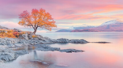 Fototapeta premium Solitary tree winter sunset peaceful landscape painting pastel colors nature scene