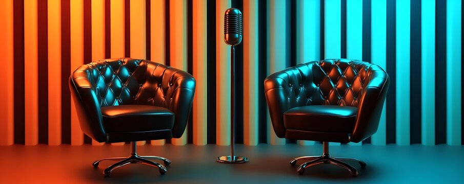 Two chairs and microphones in podcast or interview room isolated on dark background as a wide banner for media conversations or podcast streamers concepts with copyspace