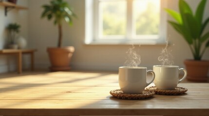 Obraz premium Morning Sunlight Illuminates Two Steaming Mugs Resting on Woven Coasters on a Wooden Table in a Peaceful Home Setting